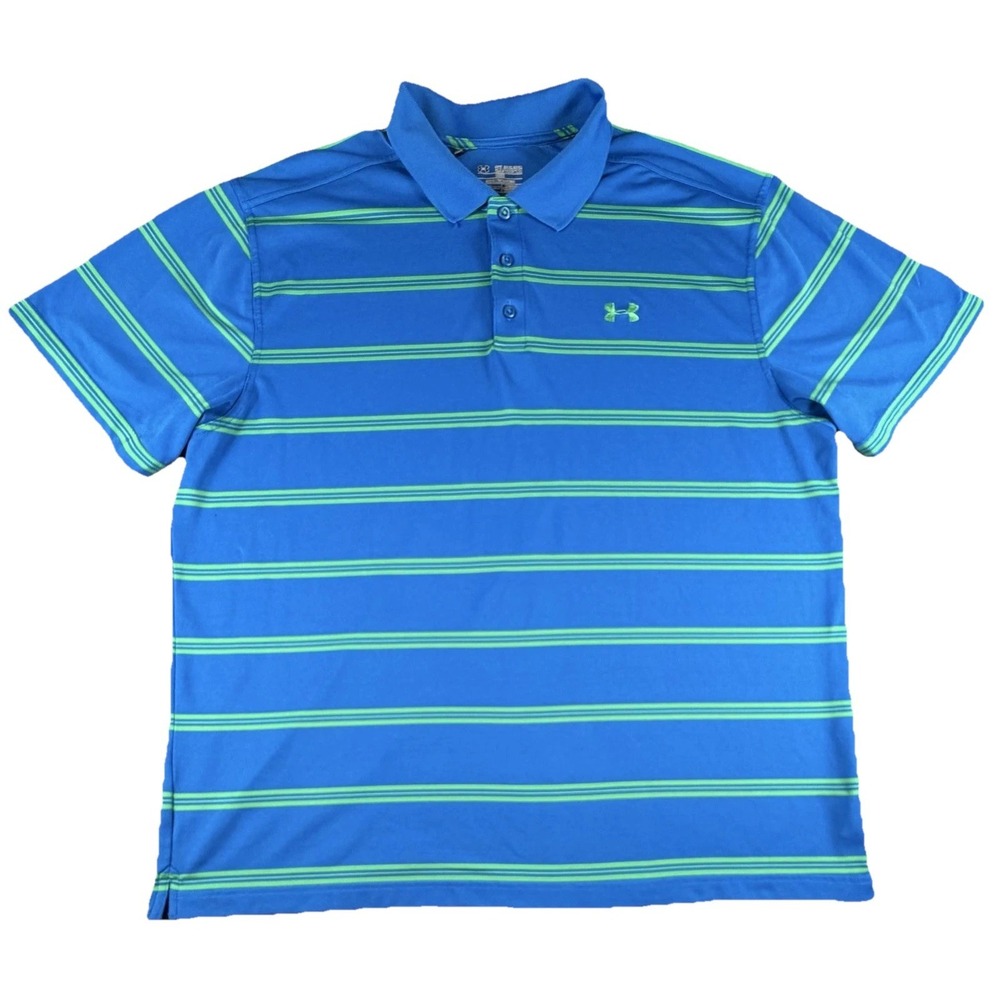 Under Armour Polo Shirt Mens 3XL Blue Stripe HeatGear Golf Short Sleeve